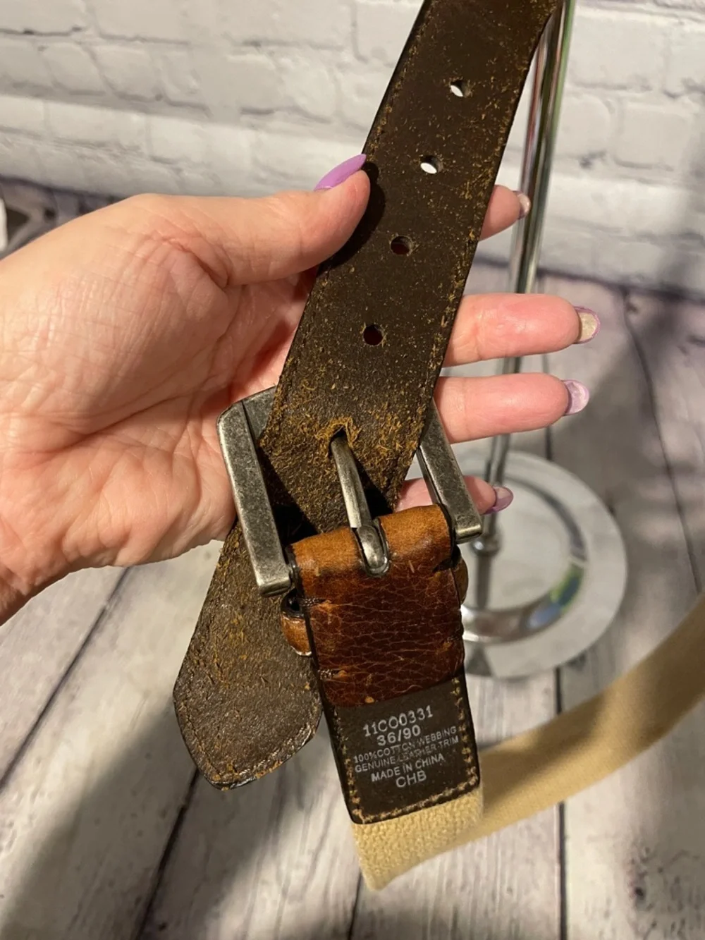 Columbia Brown Leather and Beige Canvas Belt Strap